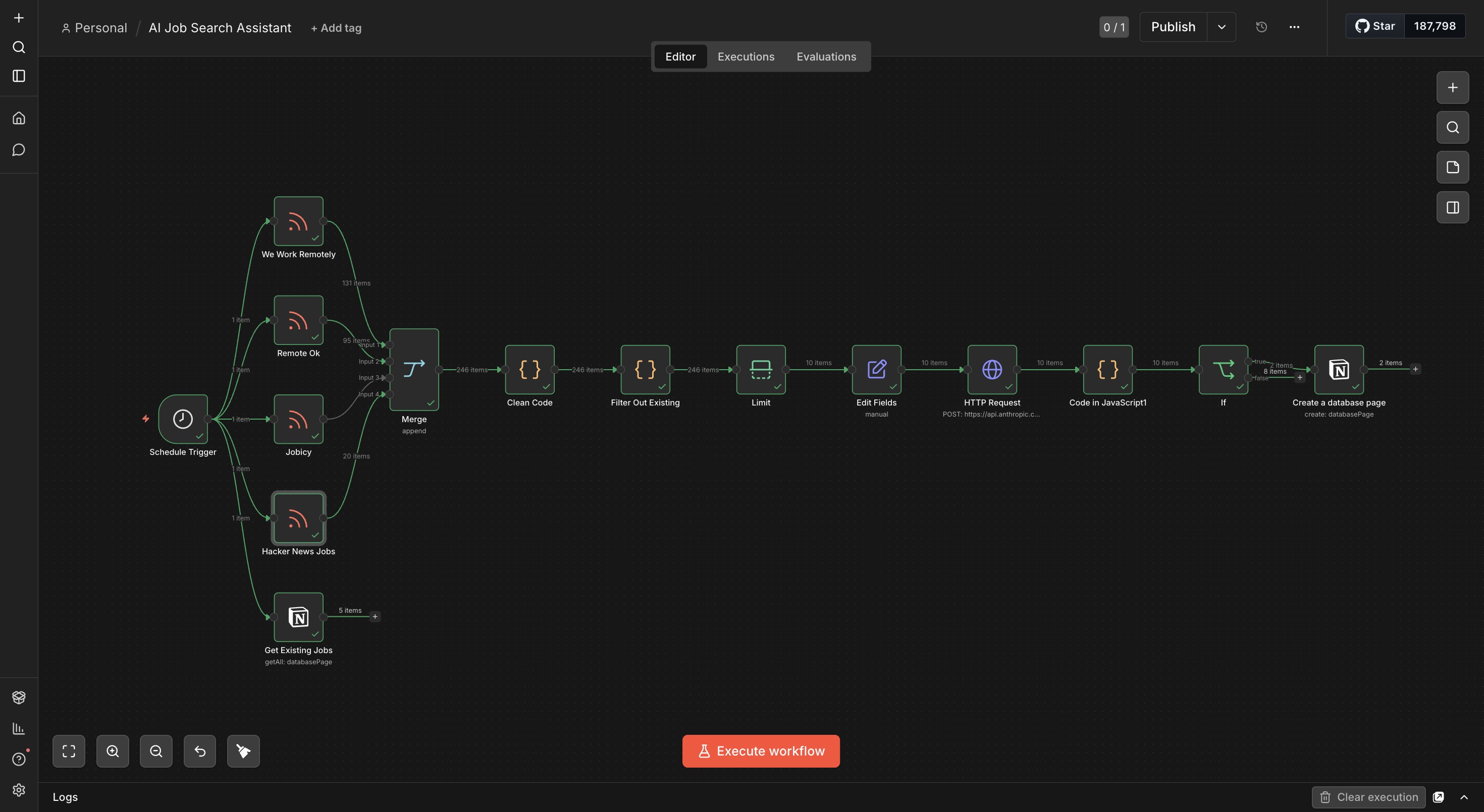 n8n workflow canvas showing 4 parallel RSS sources merging into a dedup + Claude scoring pipeline that writes filtered matches to Notion