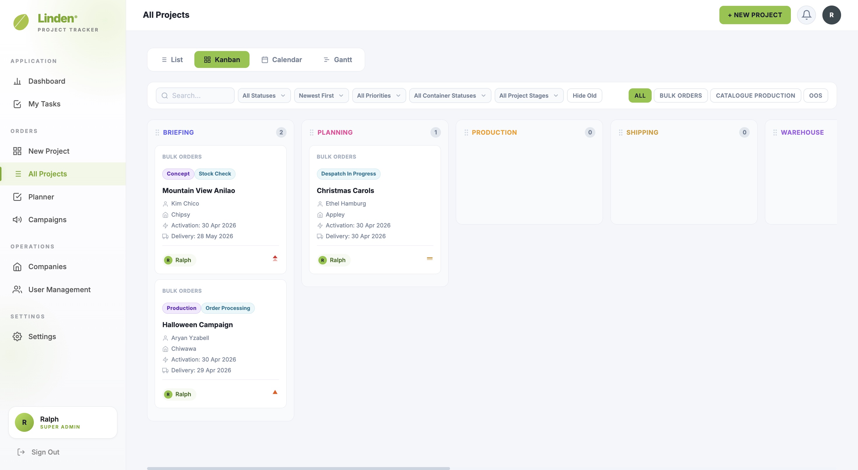Kanban board with Briefing, Planning, Production, Shipping, and Warehouse columns; project cards show client, brand, activation date, delivery date, assignee, and priority