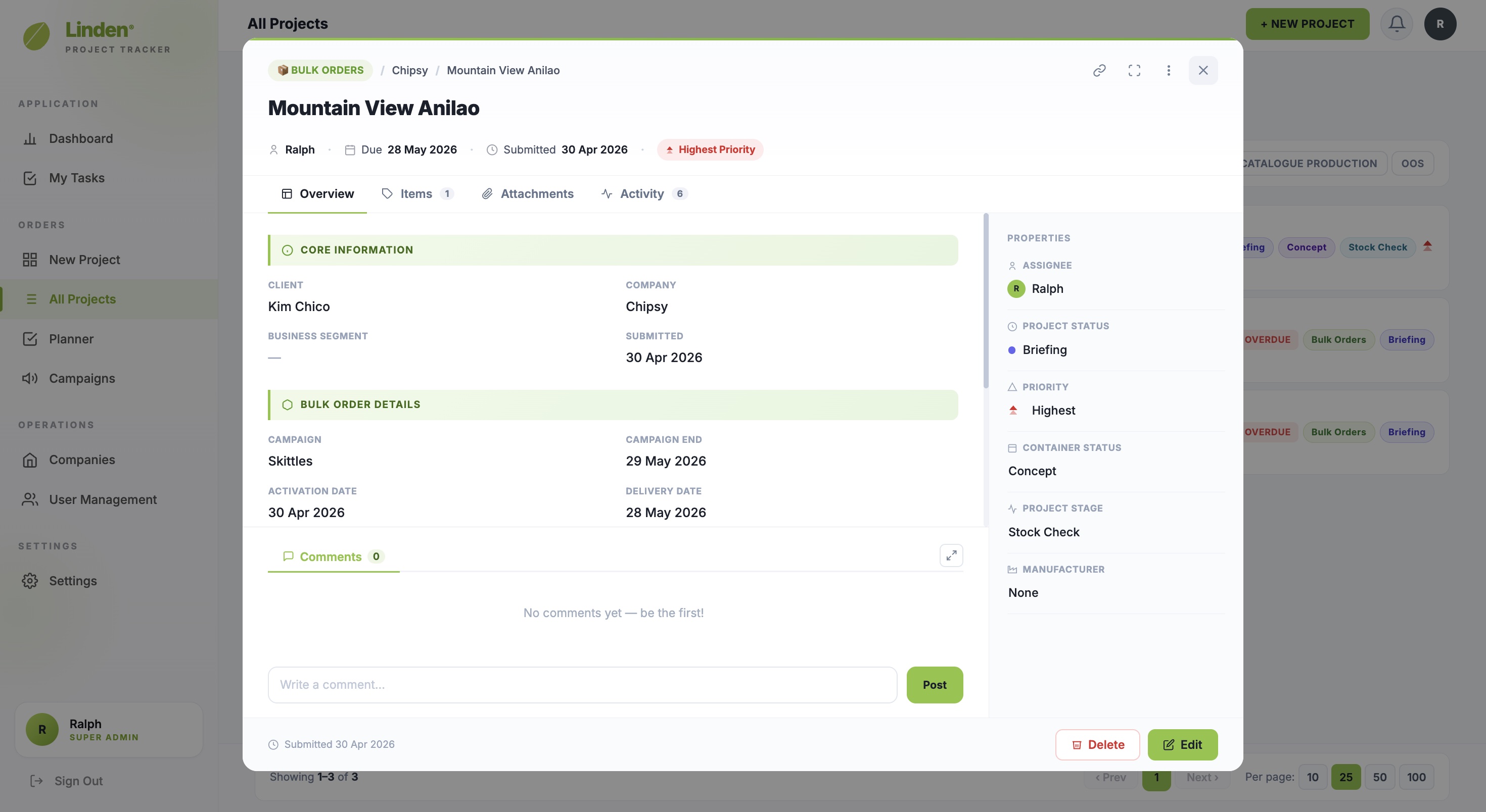 Project detail modal showing breadcrumbs, properties sidebar (assignee, status, priority, container status, project stage), tabs (Overview, Items, Attachments, Activity), core information section, bulk order details, and comments thread