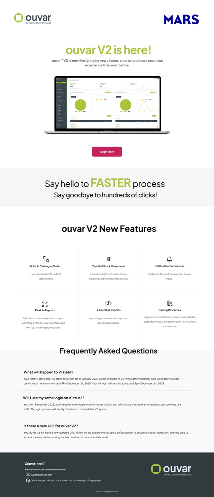 ouvar V2 launch email — co-branded header with ouvar and MARS logos, hero with laptop dashboard mockup and Login Here CTA, six-feature grid (Multiple Catalogue Order, Detailed Stock Movements, Notification Preferences, Flexible Reports, Faster Bulk Imports, Training Resources), and a V1 → V2 migration FAQ section addressing data retention, login transition, and the new platform URL