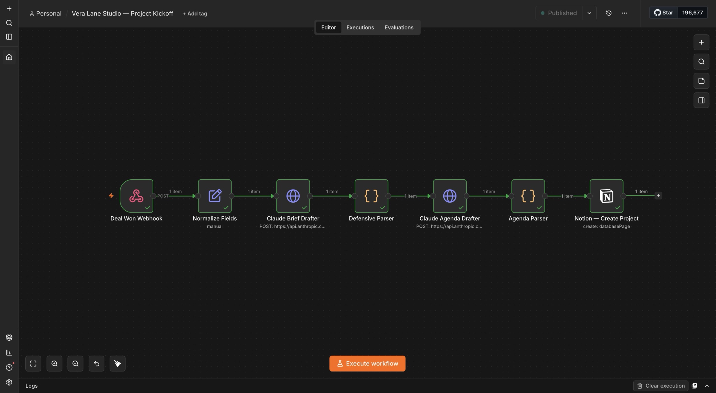 n8n workflow canvas — 8 nodes: Deal Won Webhook, Normalize Fields, Claude Brief Drafter, Defensive Parser, Claude Agenda Drafter, Agenda Parser, and Notion — Create Project