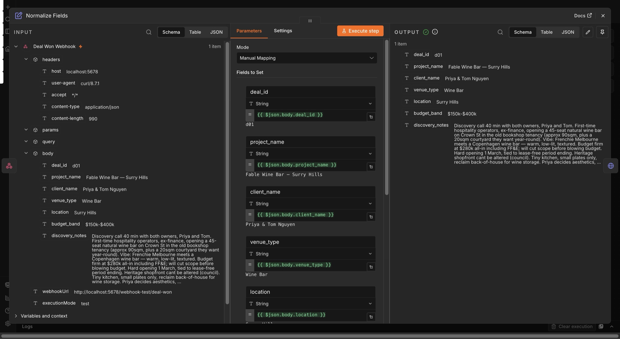 Normalize Fields node — the webhook payload (deal id, project, client, venue, budget, discovery notes) mapped to a flat, stable schema in the output panel