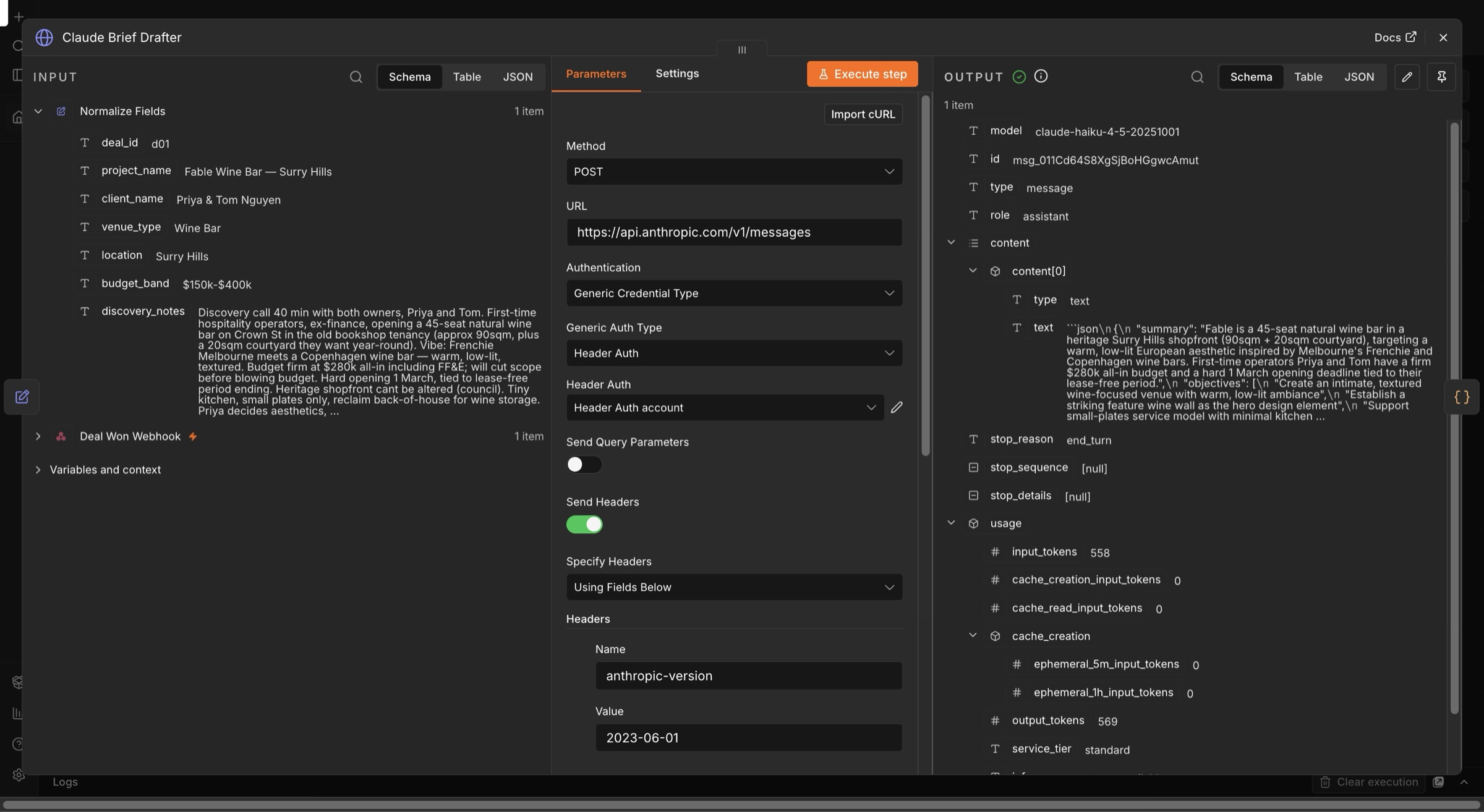 Claude Brief Drafter HTTP node — POST to the Anthropic Messages API with header auth, output showing the structured kickoff brief JSON (summary, objectives, scope) from Haiku 4.5