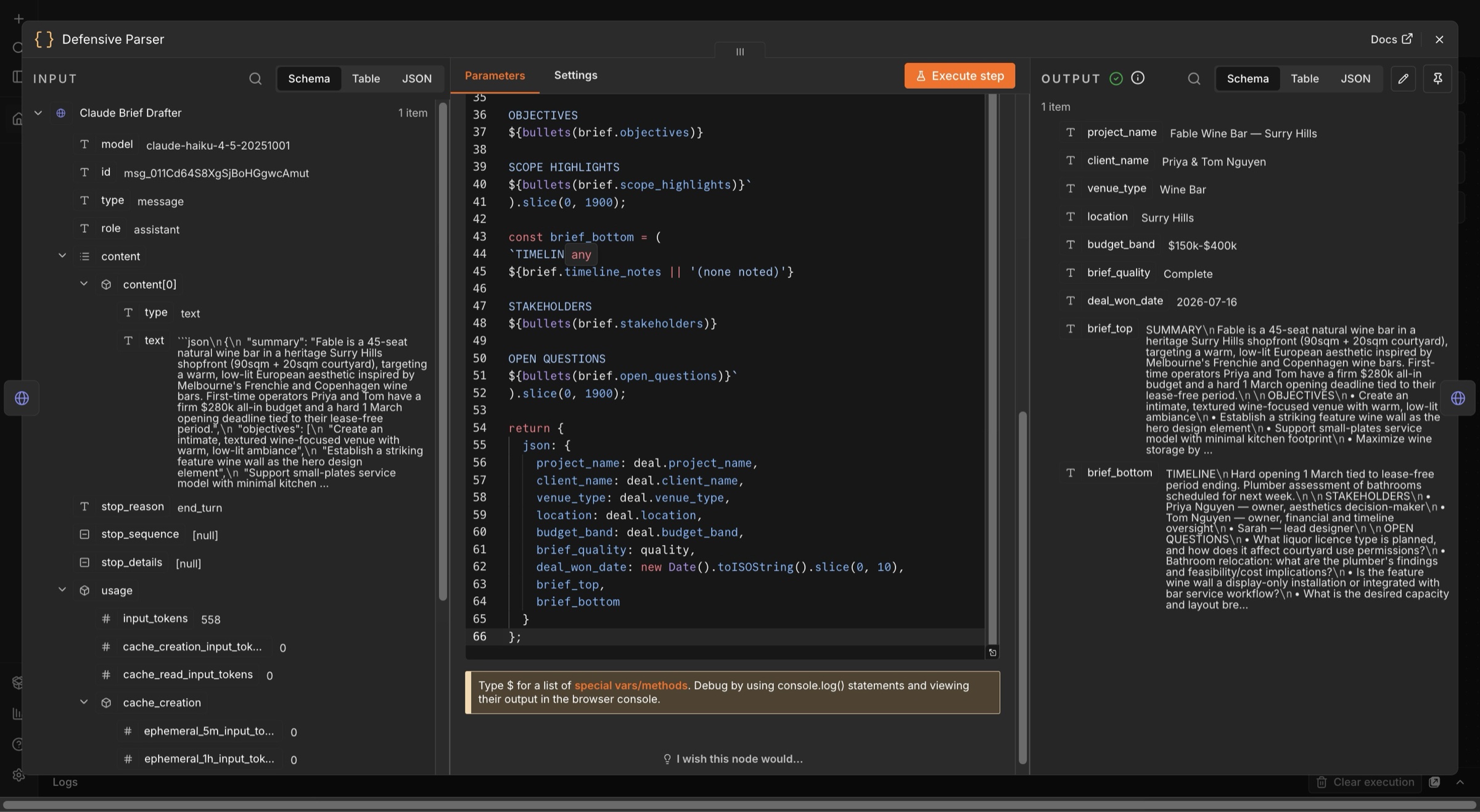 Defensive Parser code node — strips code fences, validates JSON, splits the brief into two blocks each capped at 1900 chars for Notion's limit, and reaches back to Normalize Fields for the deal data