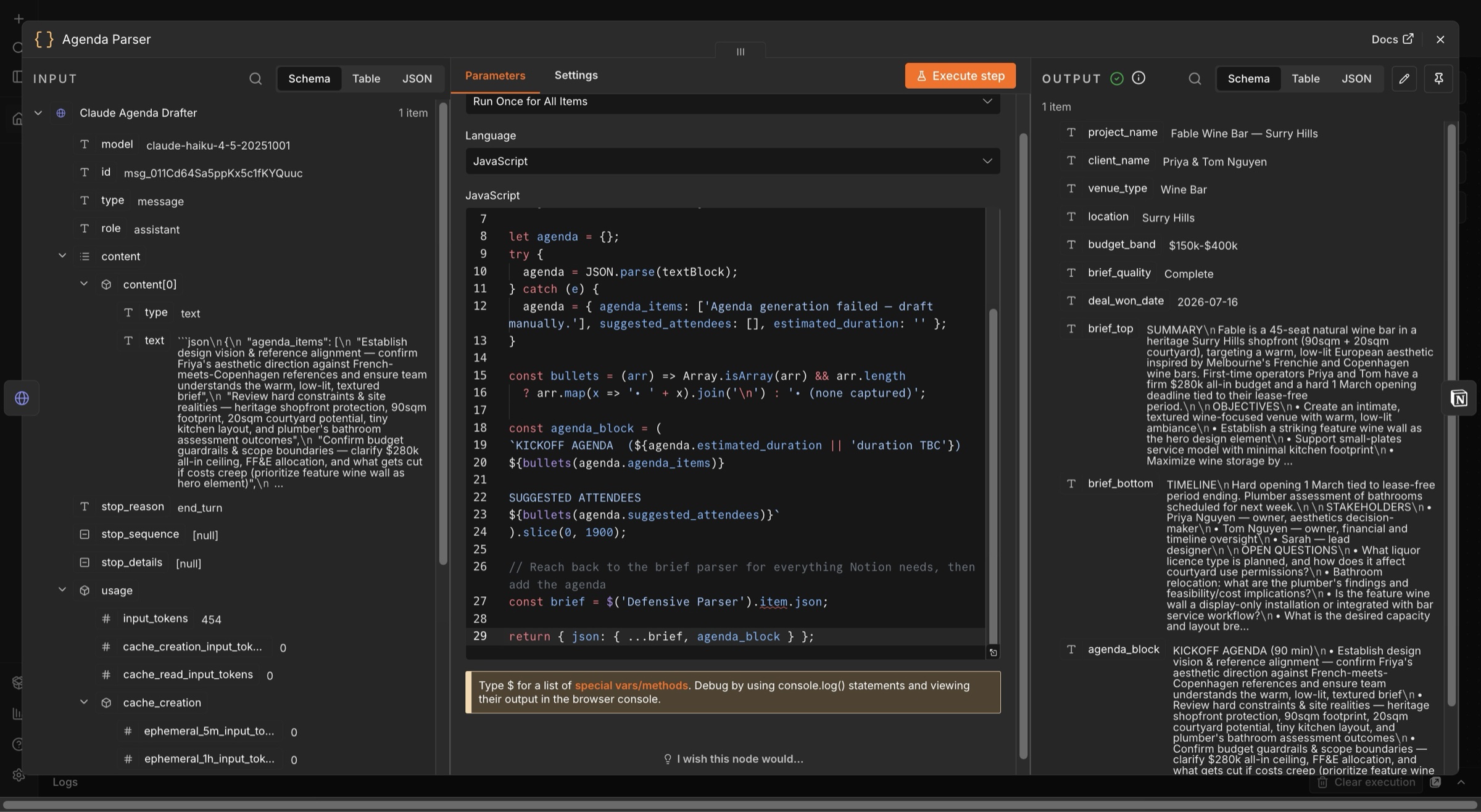 Agenda Parser code node — parses the agenda JSON, builds the agenda block, and spreads the brief parser's output through so both drafts reach Notion in one item