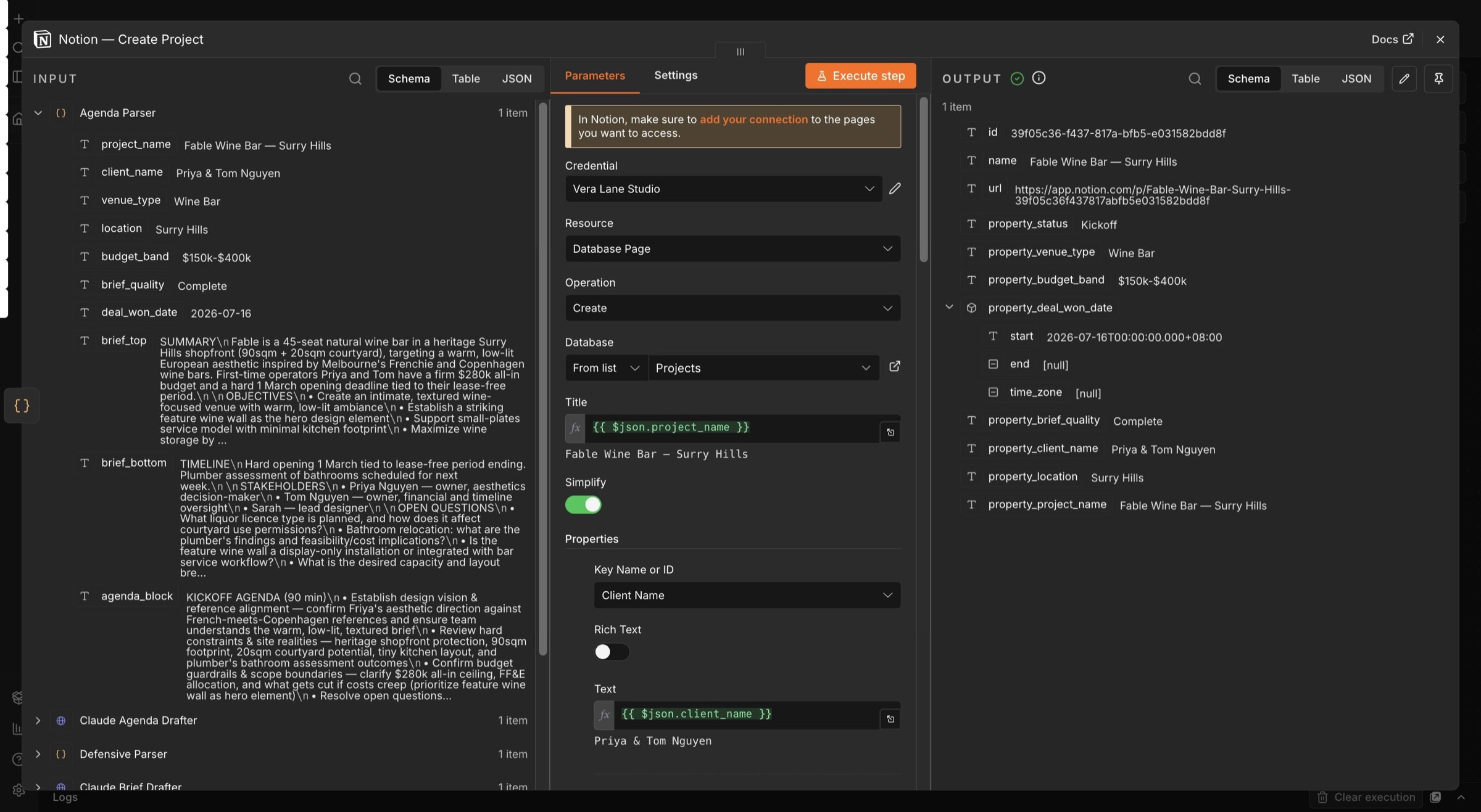 Notion — Create Project node — creates a page in the Projects database with typed properties and the brief plus agenda as page blocks; output shows the created Fable Wine Bar page with its Notion URL
