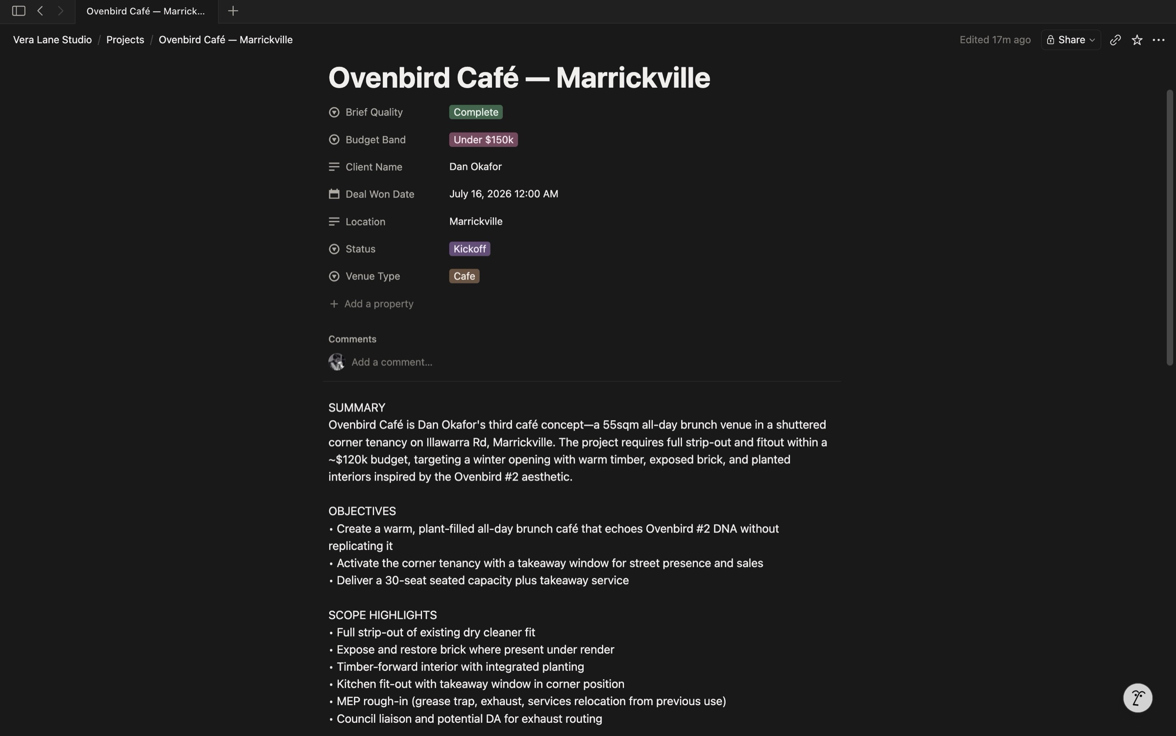 Ovenbird Café Notion page — Brief Quality 'Complete', with a full brief: summary, objectives, and scope highlights drawn from the notes (full strip-out, grease trap and exhaust MEP, exposed-brick investigation)