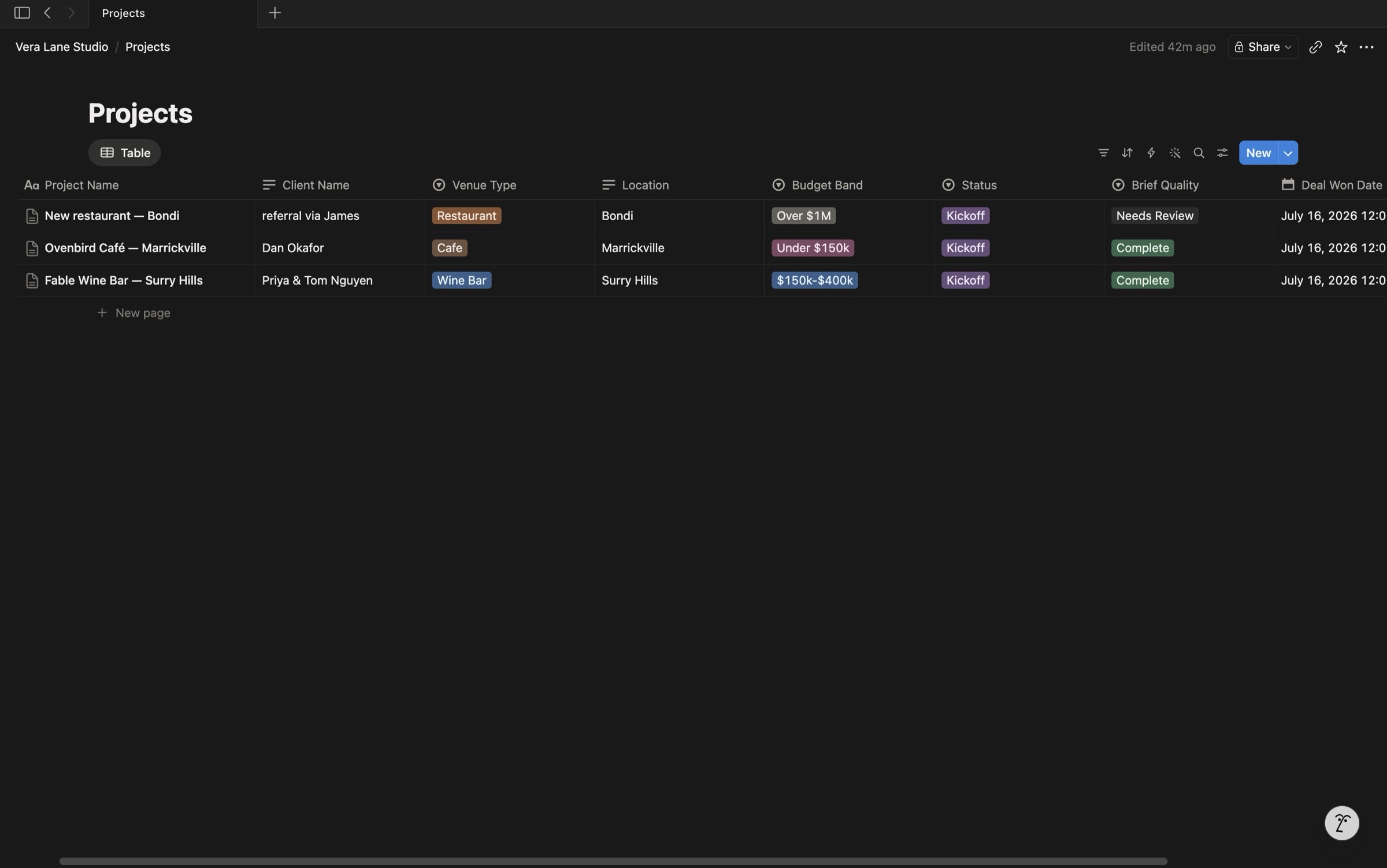 Notion Projects database — three rows with the Brief Quality column showing Needs Review (New restaurant Bondi), Complete (Ovenbird Café), and Complete (Fable Wine Bar)