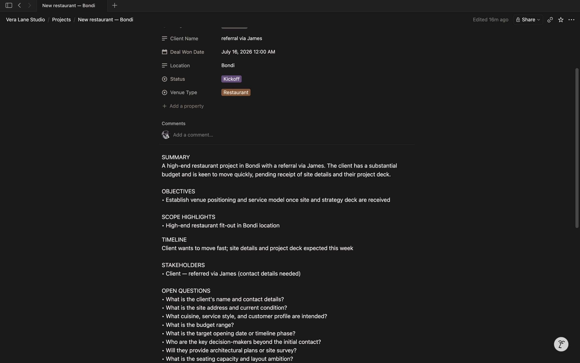 New restaurant Bondi Notion page — from a vague 10-minute intro call, the system produced a minimal brief and a long Open Questions list of missing information (client name, site address, budget, timeline, decision-makers) instead of inventing a brief